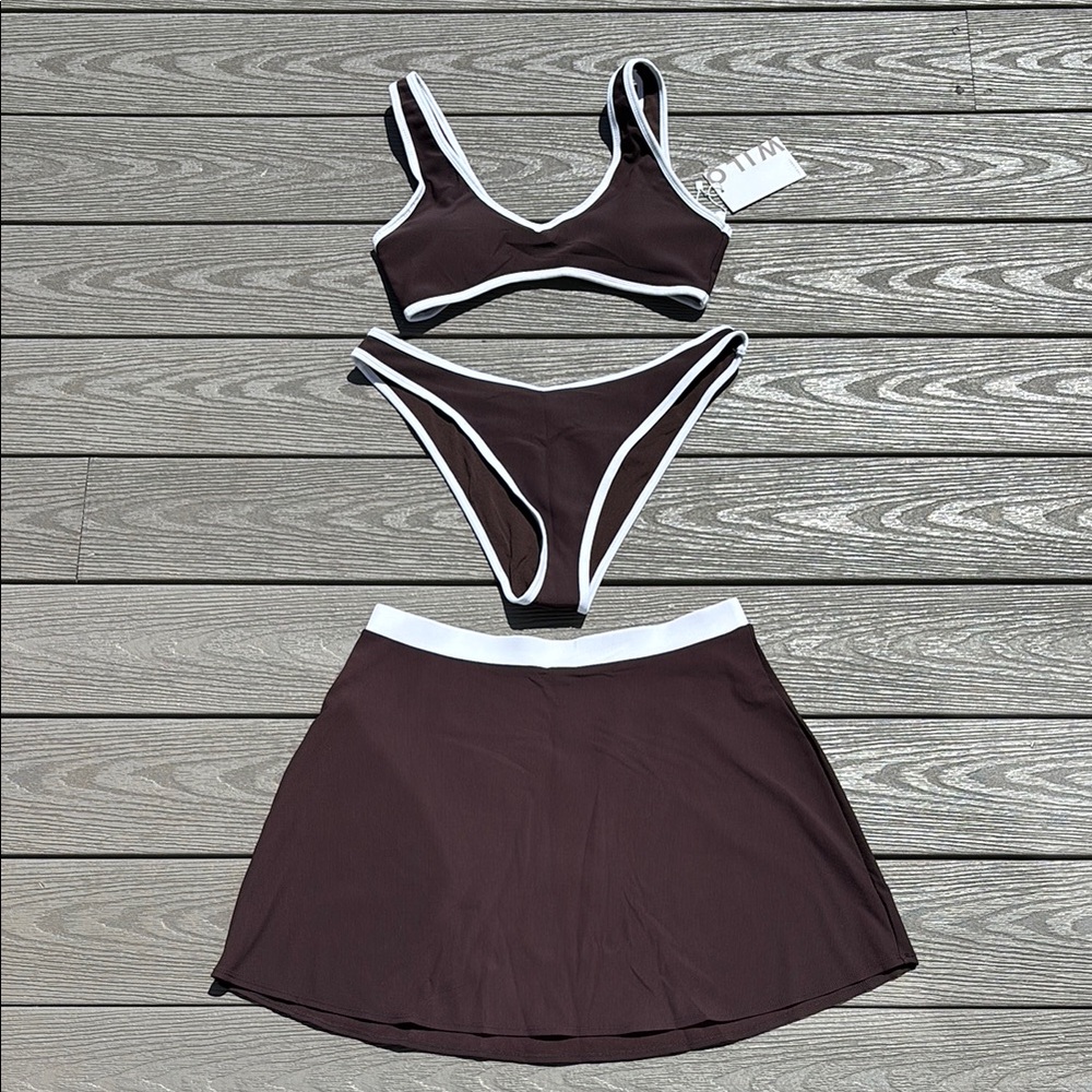 NWT Brown 3pc Bikini Wilo the Label Set with Swim Skirt Coverup